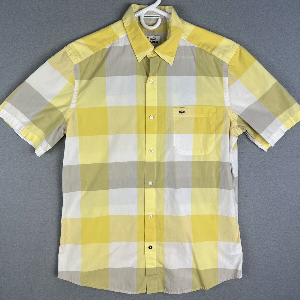 Lacoste Slim Fit Shirt Mens 40 S/M Yellow Plaid Check Cotton Short Sleeve